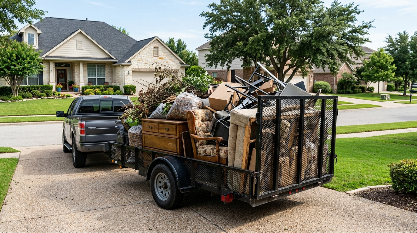 Trailer loaded with hauled junk and yard debris