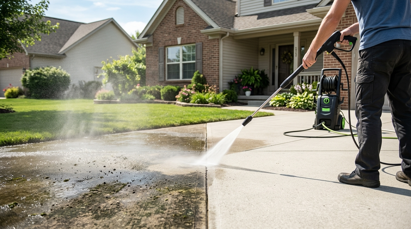 Driveway half cleaned by pressure washing showing dramatic contrast