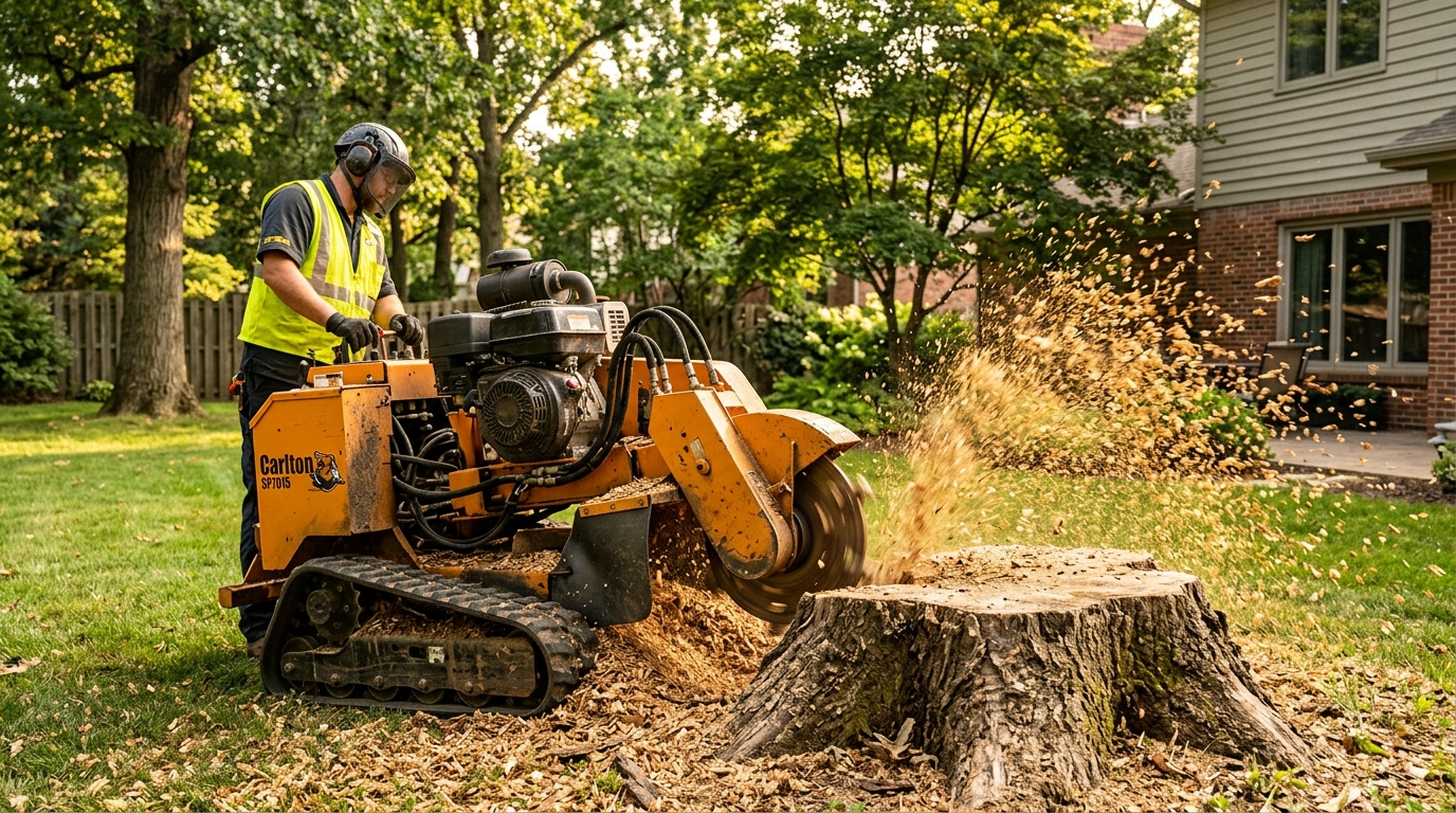Stump grinder turning a tree stump into wood chips