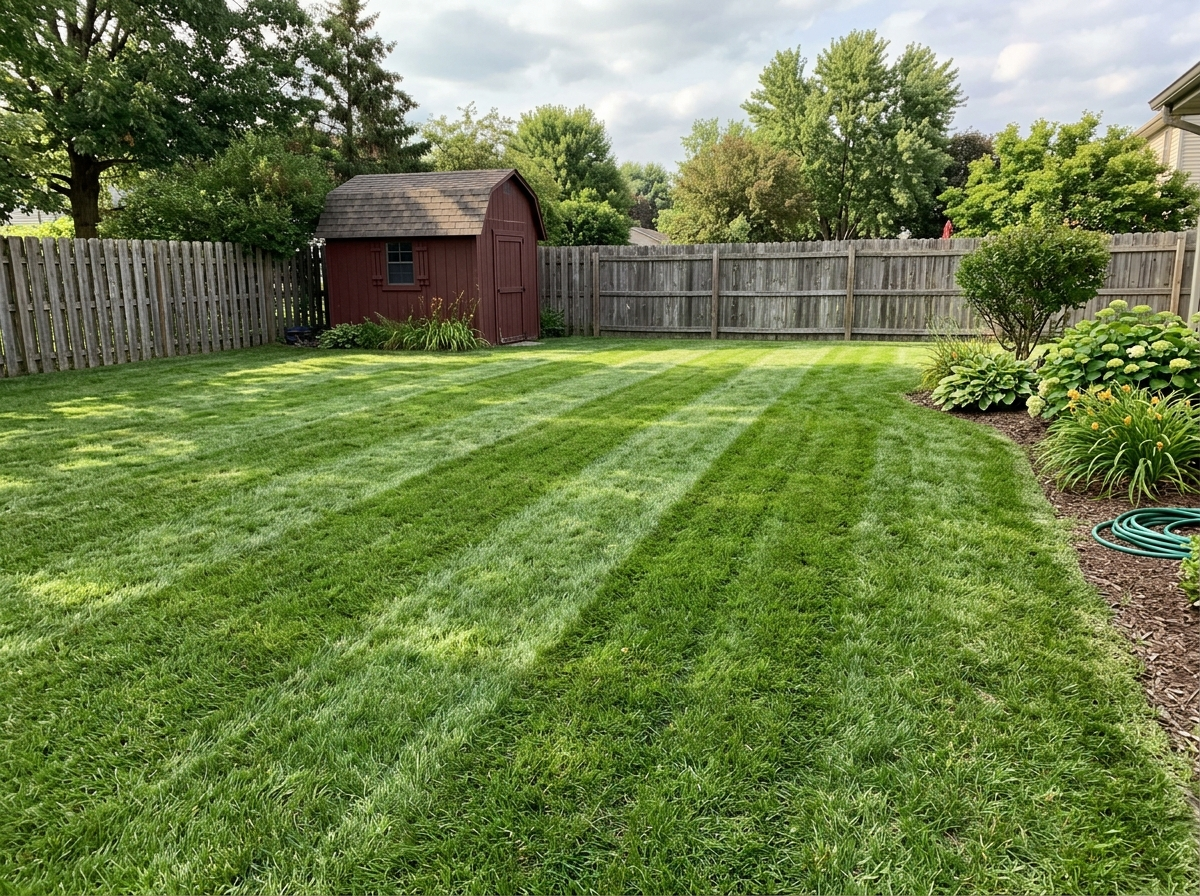 Freshly striped backyard lawn with privacy fence
