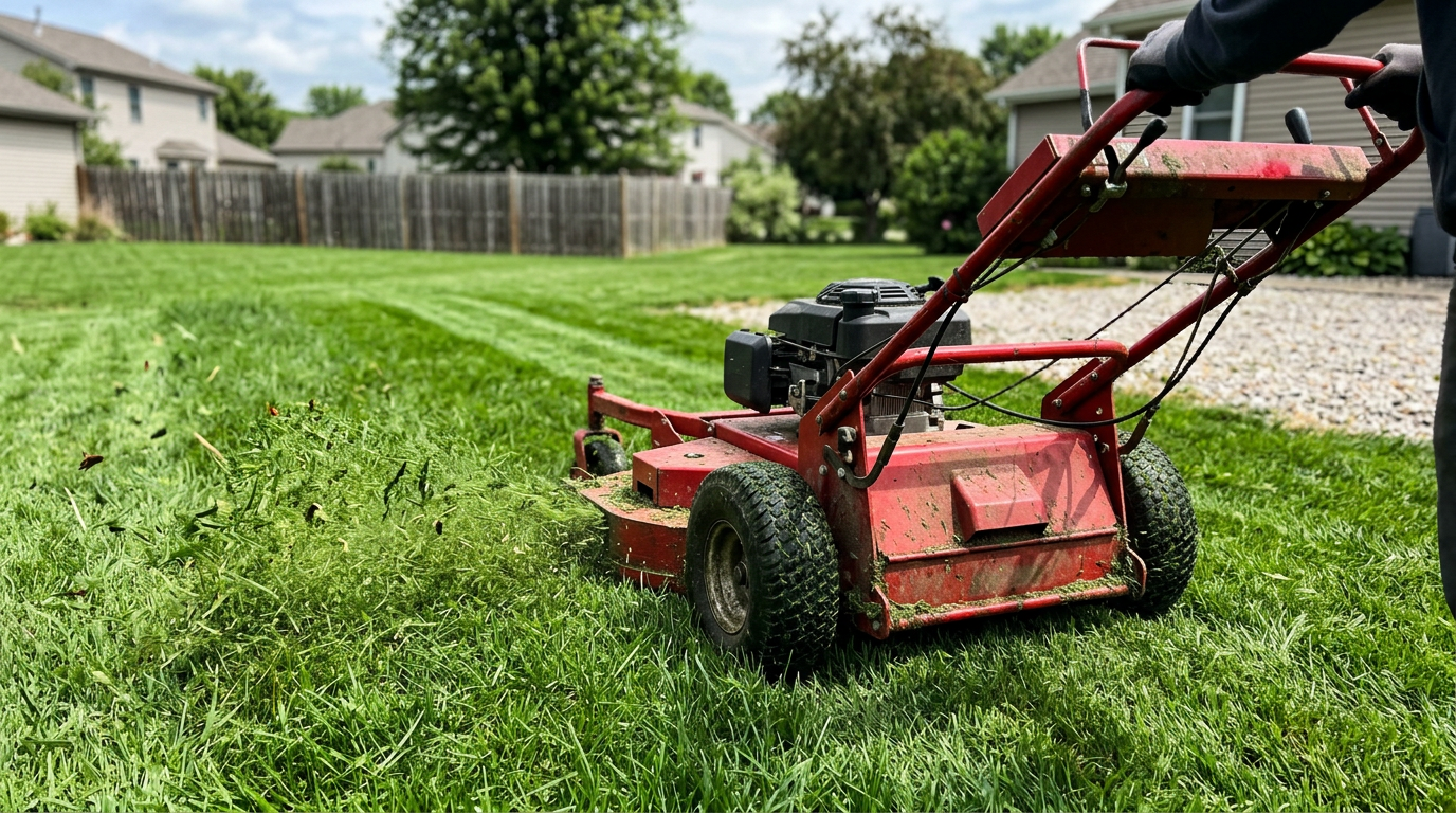 Red commercial mower cutting crisp stripes into a green lawn
