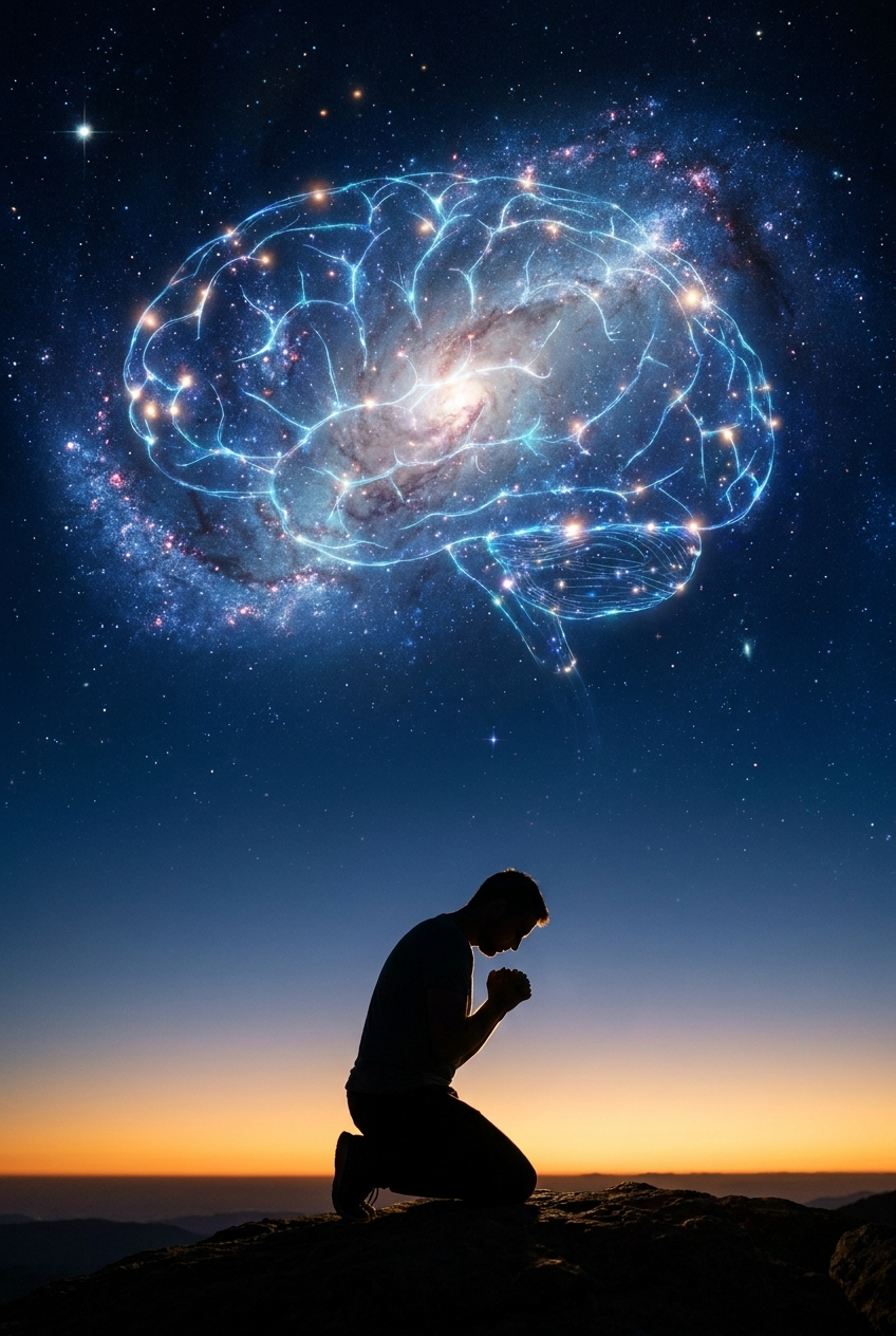 A figure in quiet prayer beneath a cosmos where stars and neurons intertwine