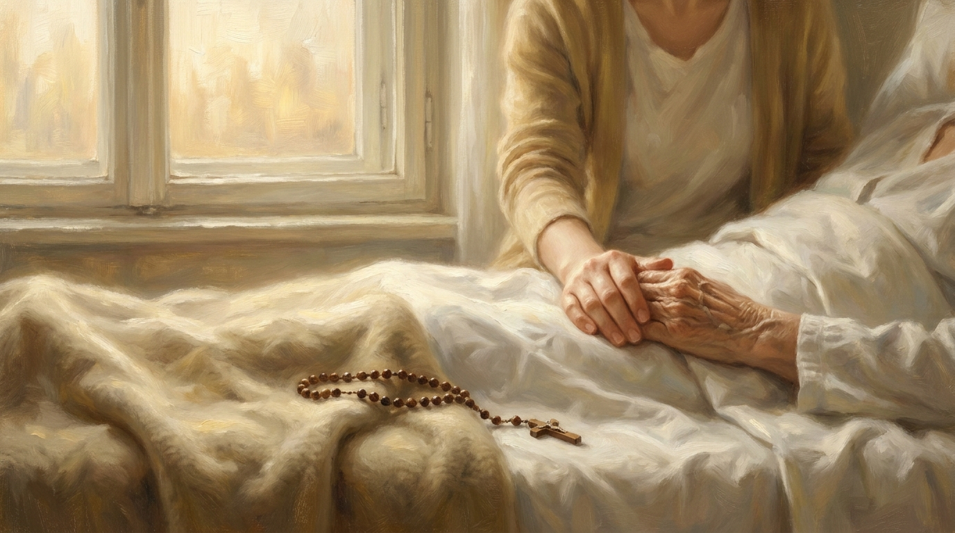 A younger hand gently holding an elderly hand at dawn