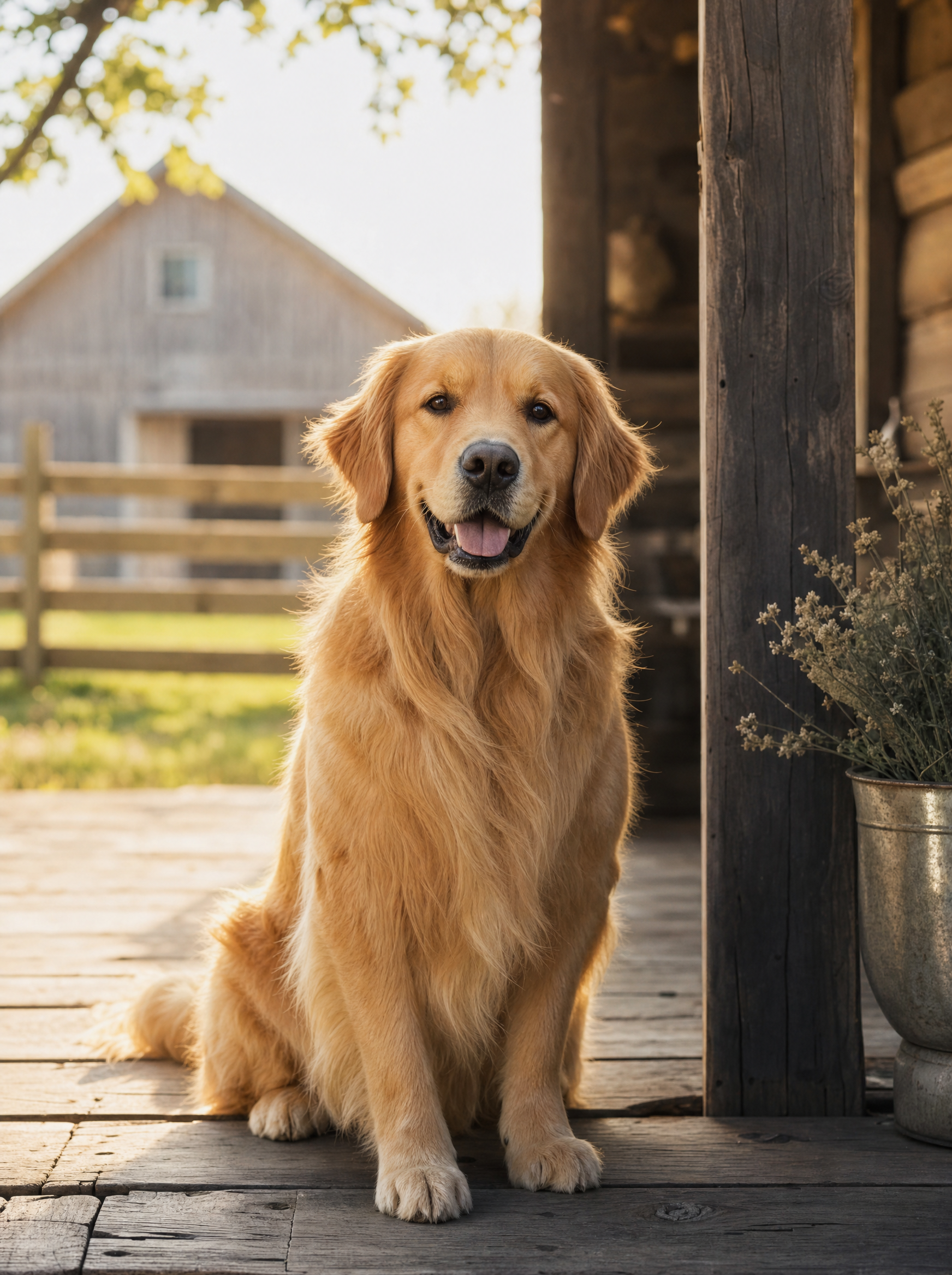 A healthy golden retriever resting in warm farmhouse light