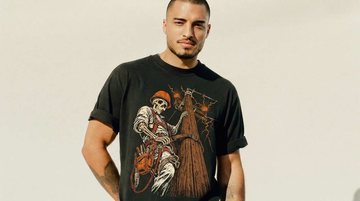 Man wearing a Boneyard skeleton-electrician tee