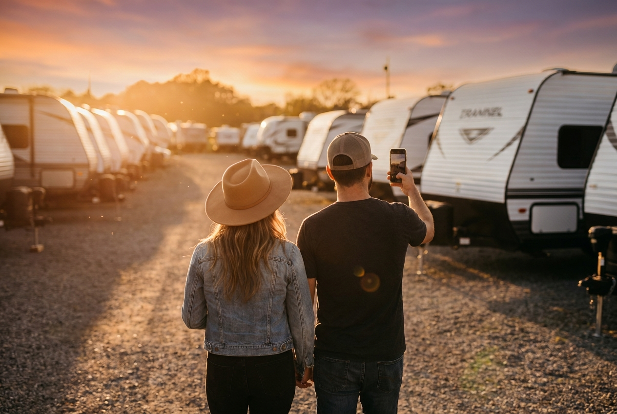 A couple browsing RVs on a dealership lot at sunset, using their phone to scan a unit