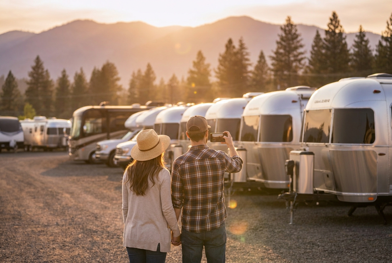 A couple looking at a row of RVs at golden hour, one scanning a QR code with a phone
