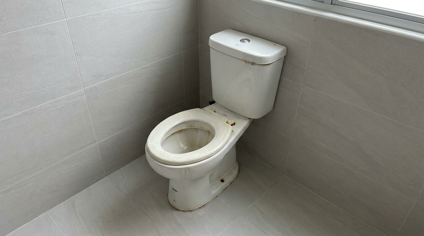 Old stained toilet bowl before replacement