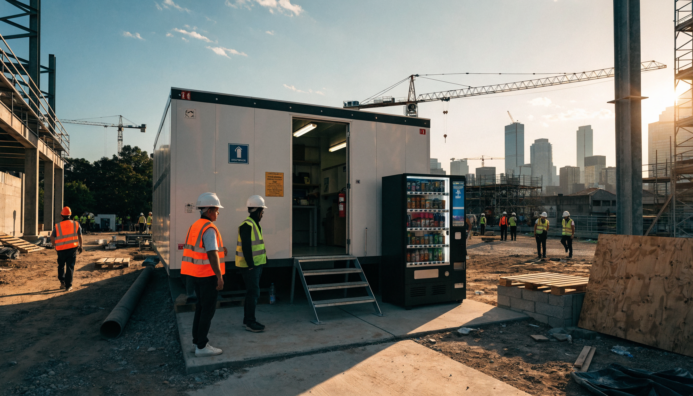 Vending machine placed outside a construction site trailer on an active Atlanta job site