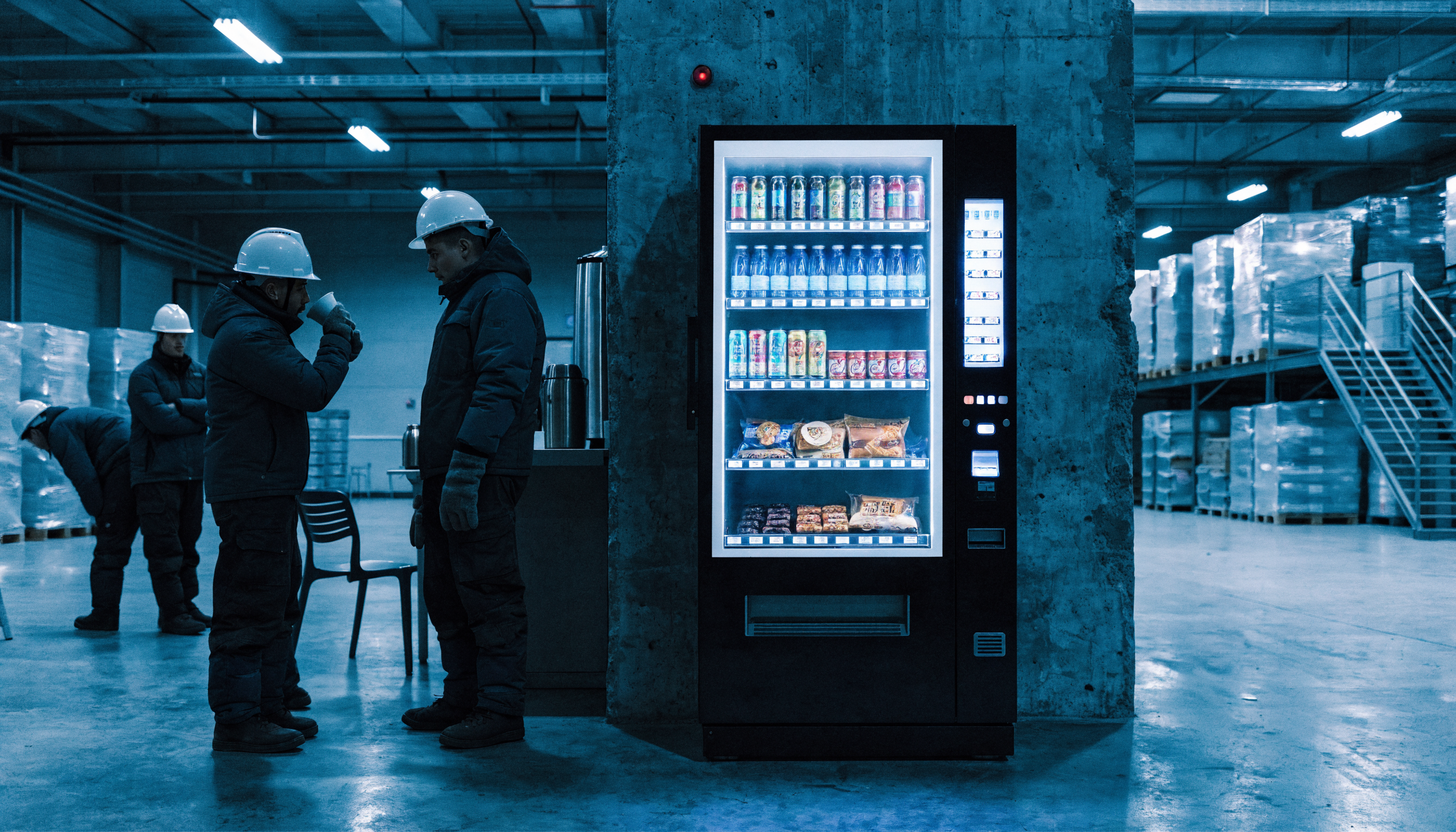 Vending machine in a cold storage warehouse break area with workers in insulated gear