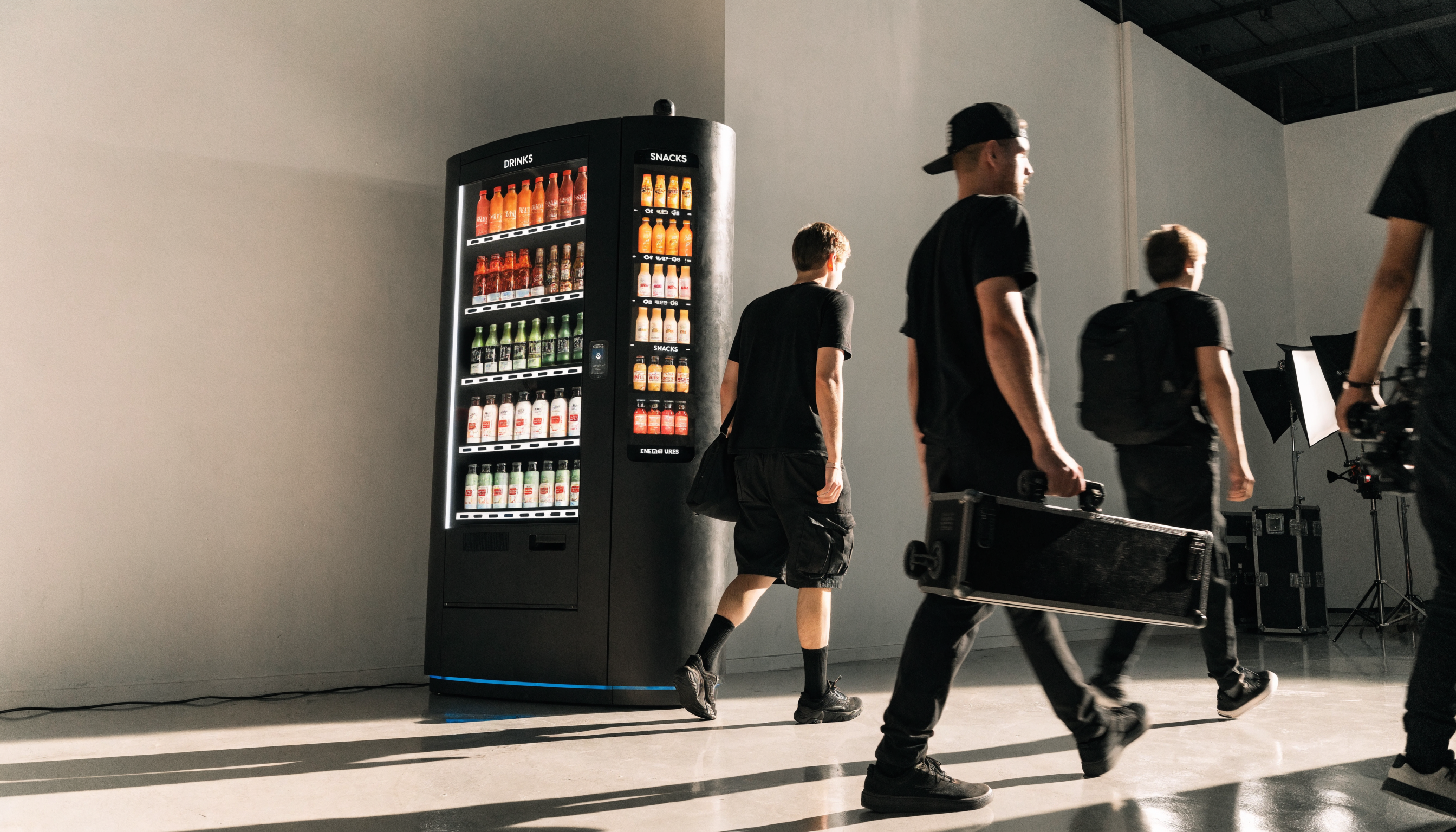 Vending machine on a film soundstage, crew members with equipment nearby