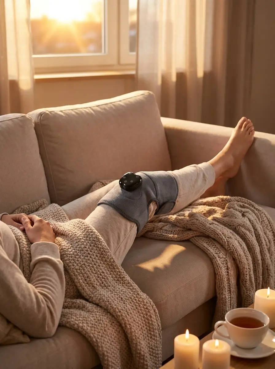 ThermoKnee colocada en la rodilla, momento de relajación al final del día