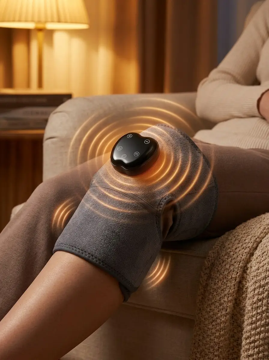 Persona relajada en sillón usando ThermoKnee de forma portátil