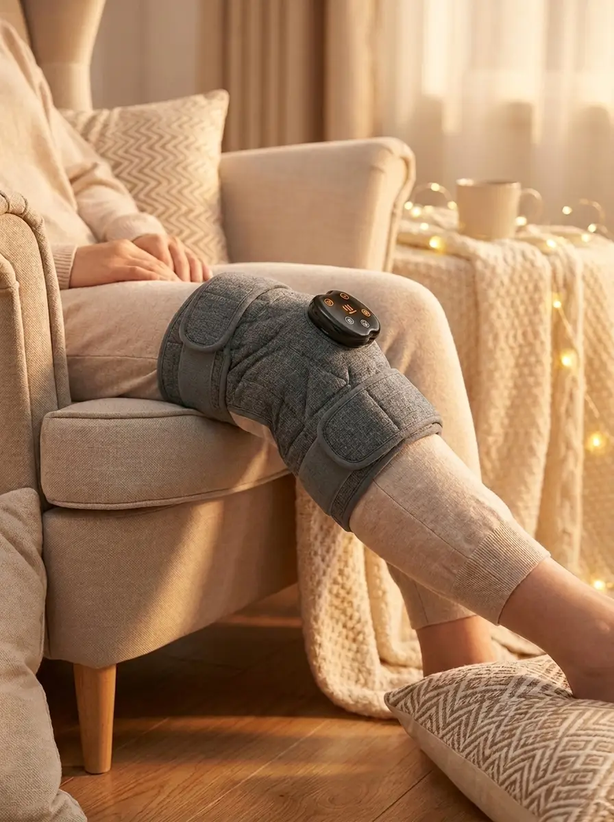 Persona relajada usando ThermoKnee con calor y masaje en la rodilla