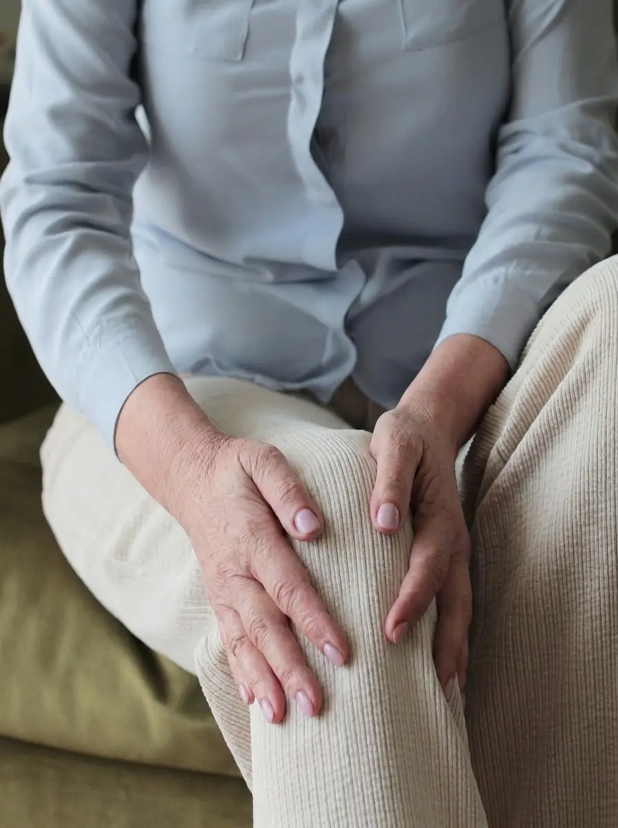 Persona sosteniéndose la rodilla con ambas manos por molestias después de un día largo