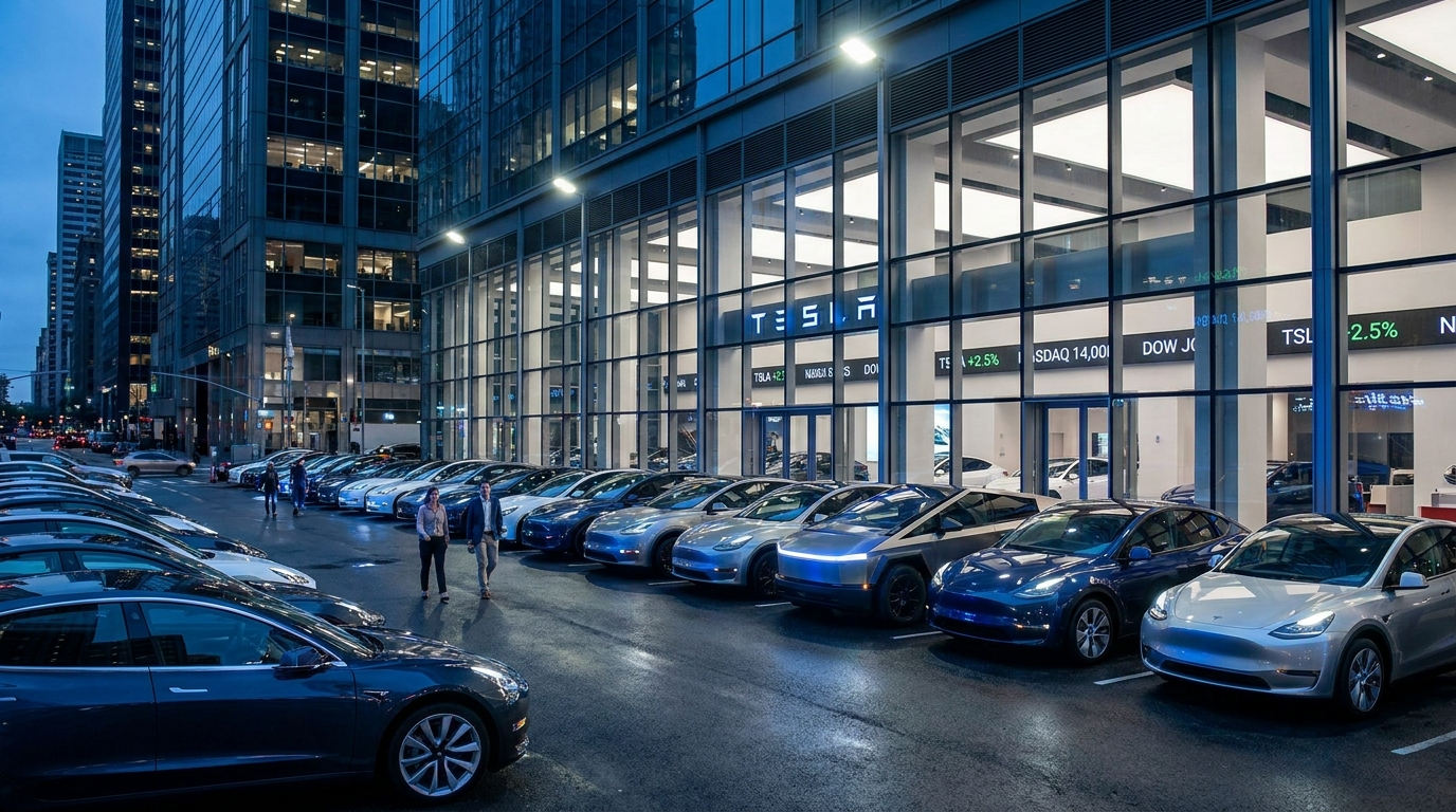 Tesla stock Q2 2026 delivery forecast - Tesla vehicles at urban delivery center