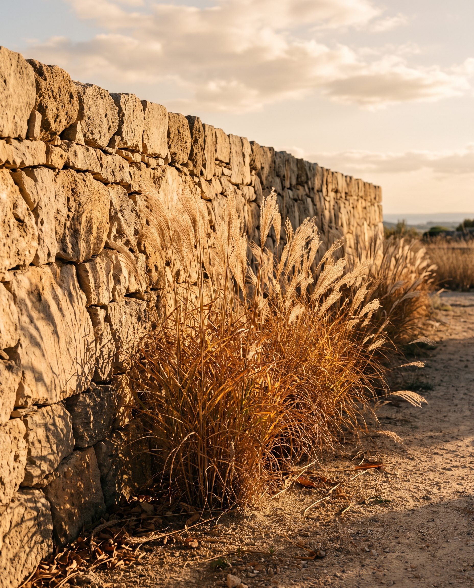 Limestone and dry grasses in low light — abstract nature photography, AI-generated