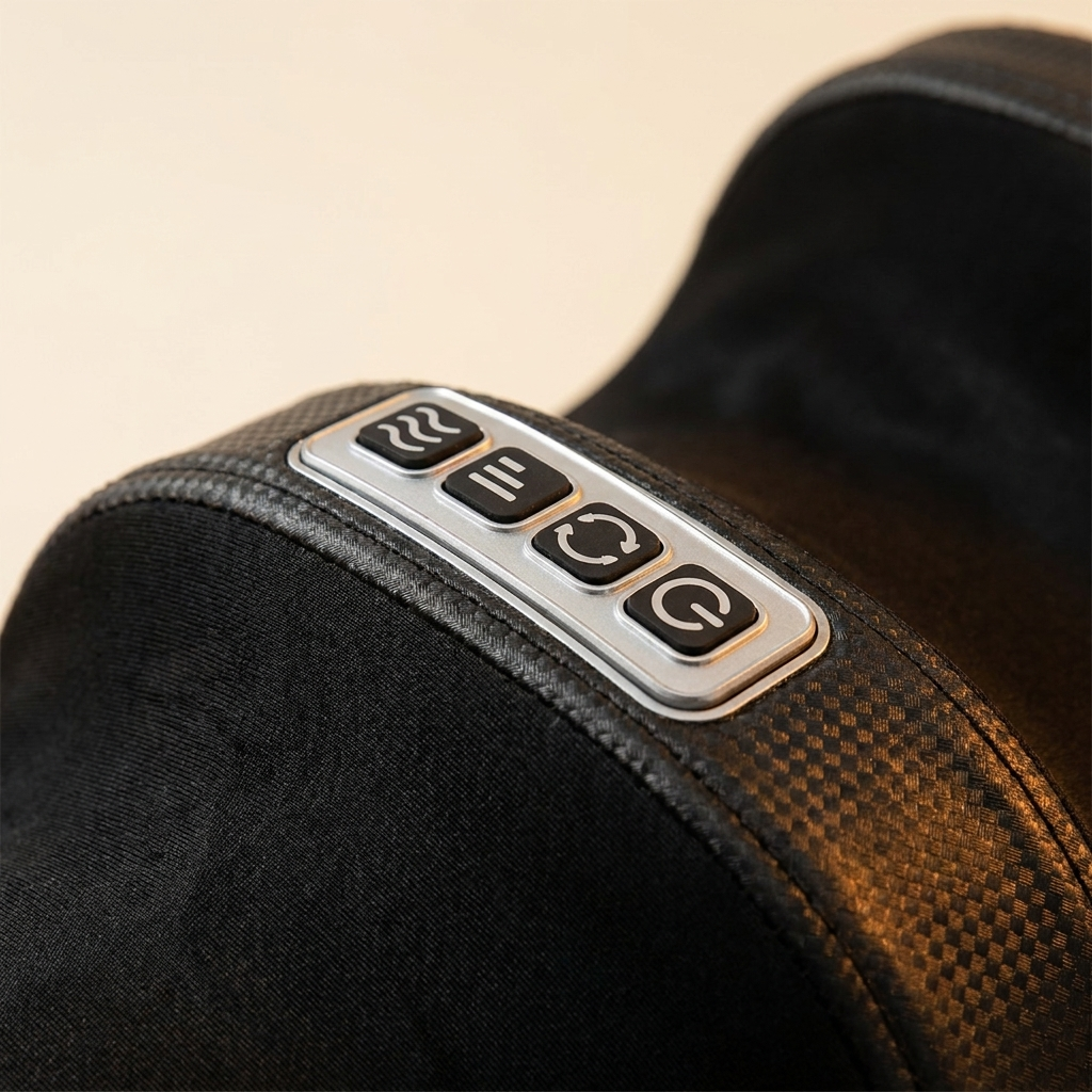 Close-up of Ember's one-touch control panel and quilted fabric