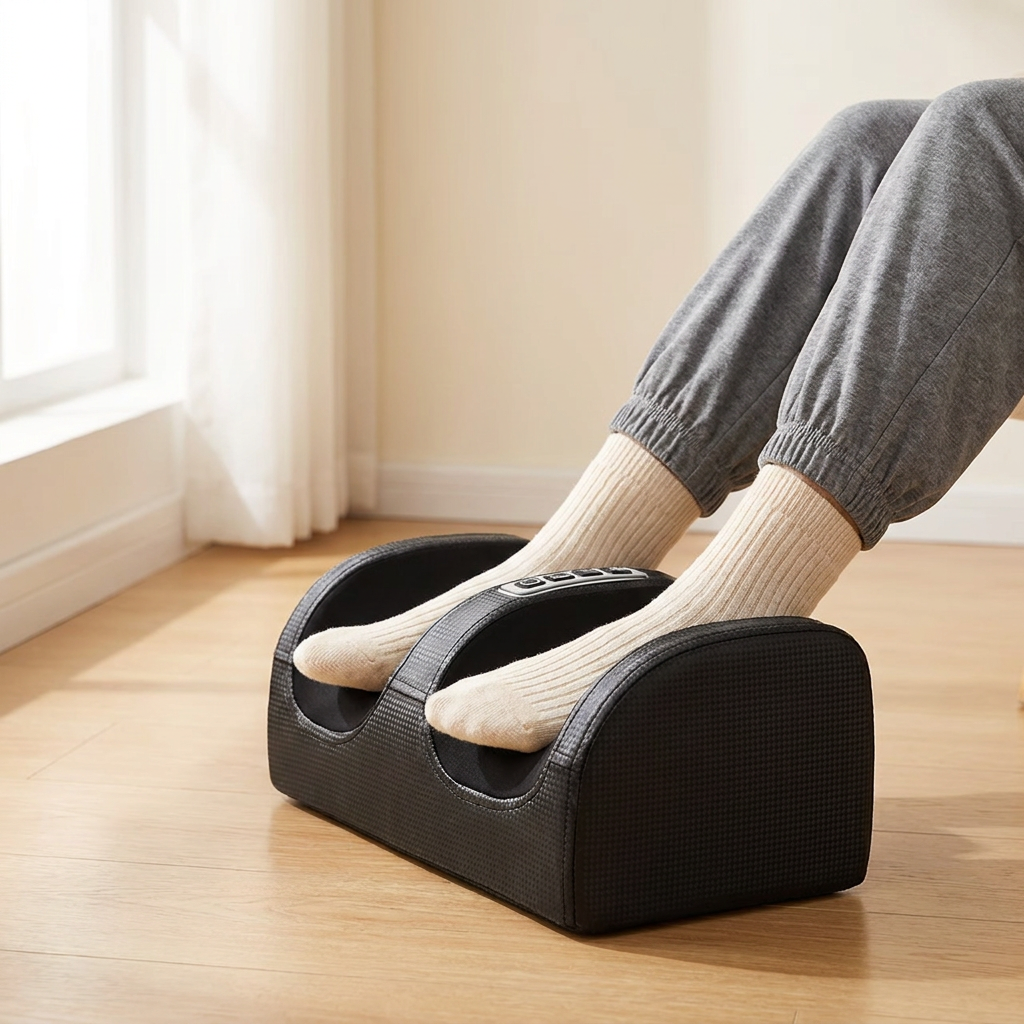 Feet resting inside the Ember heated massager