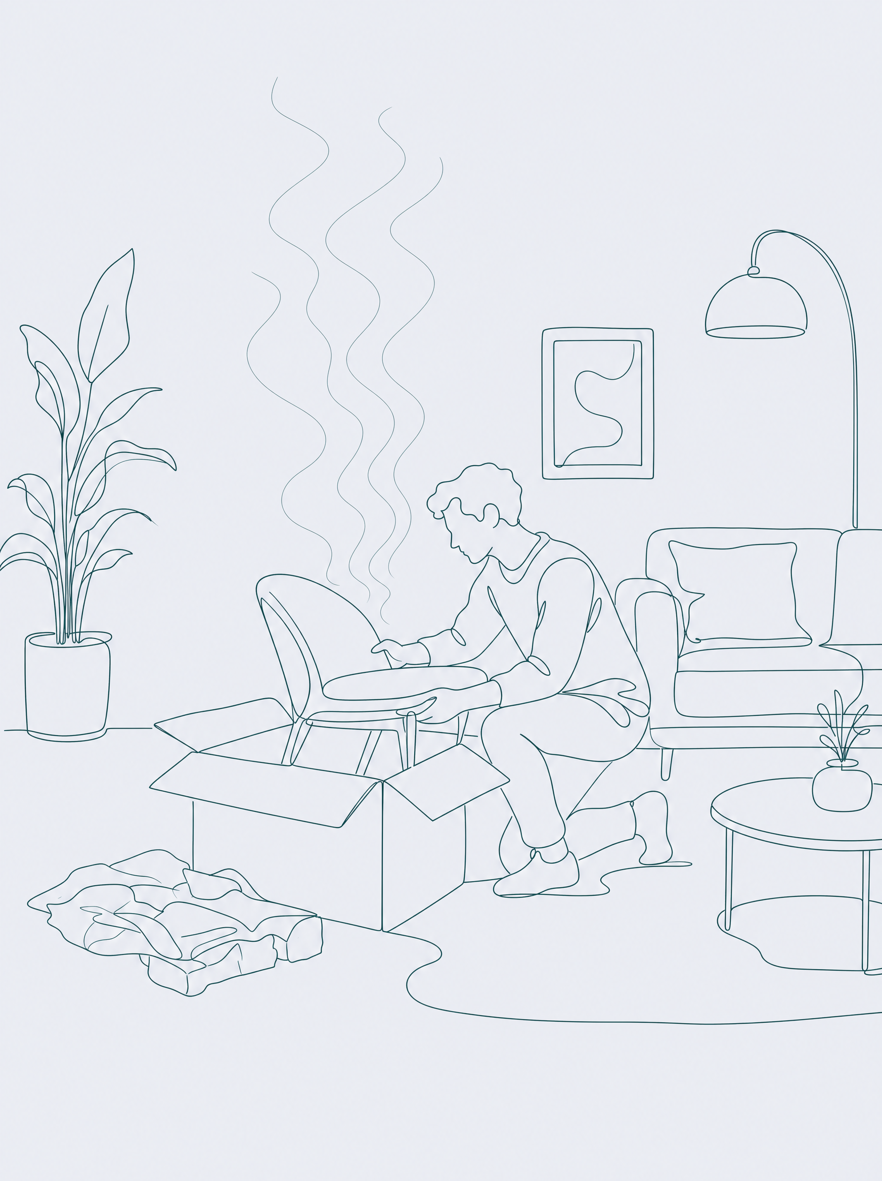 Fine line illustration of a person unboxing new furniture with faint lines suggesting off-gassing in the air