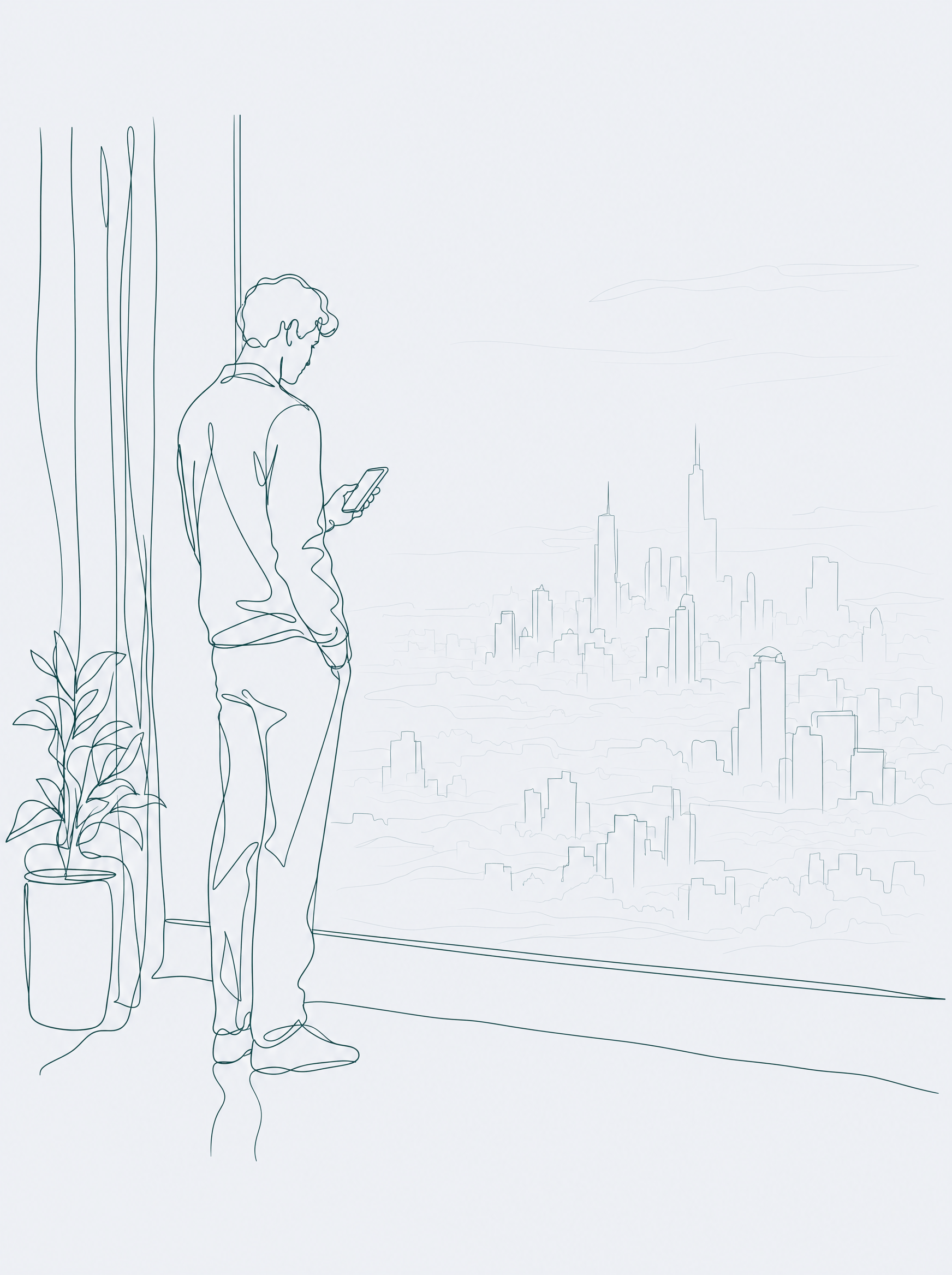 Fine line illustration of a person checking a phone by a window overlooking a hazy skyline