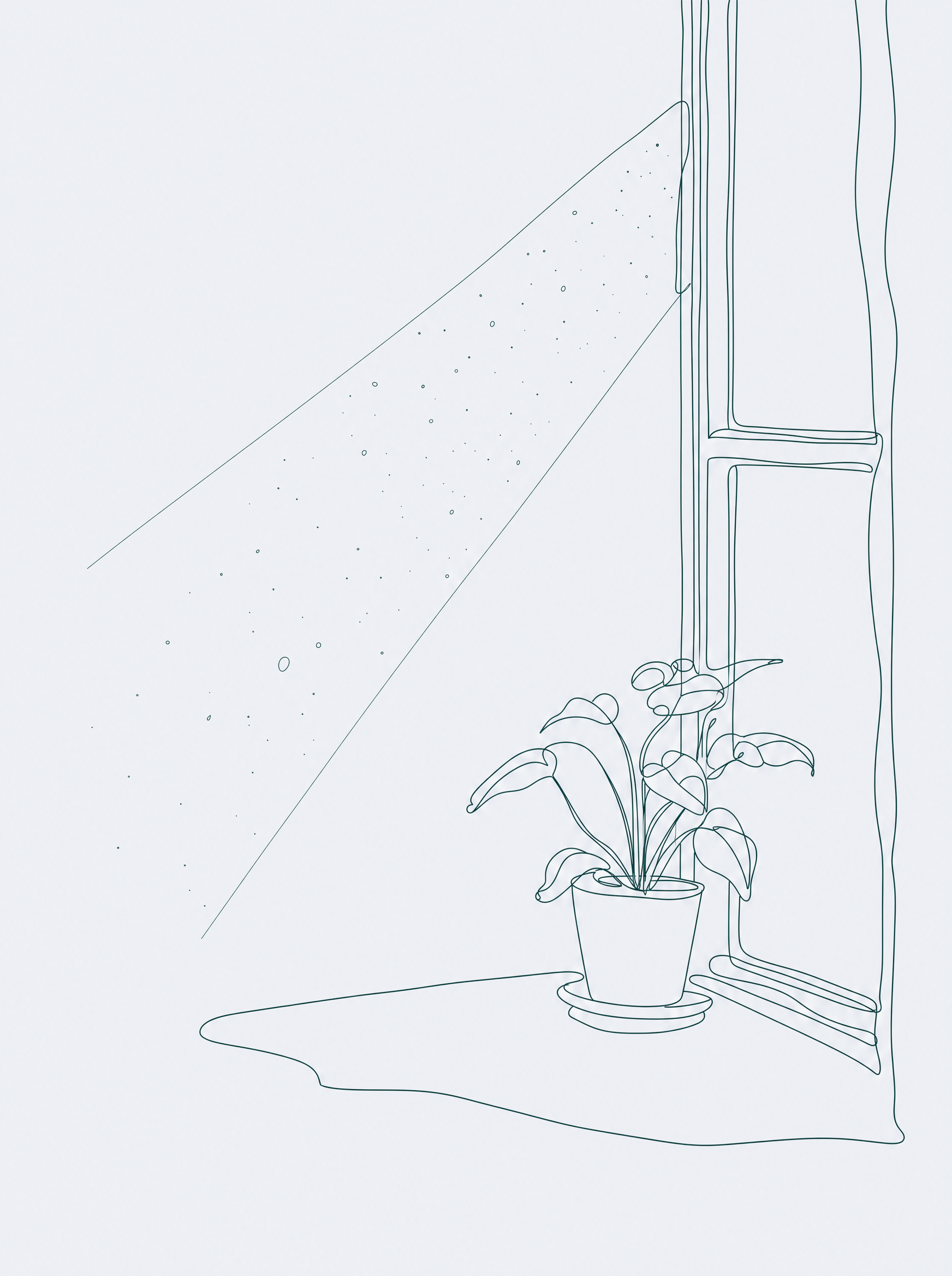 Fine line illustration of sunlight through a window with fine dust particles visible in the light beam