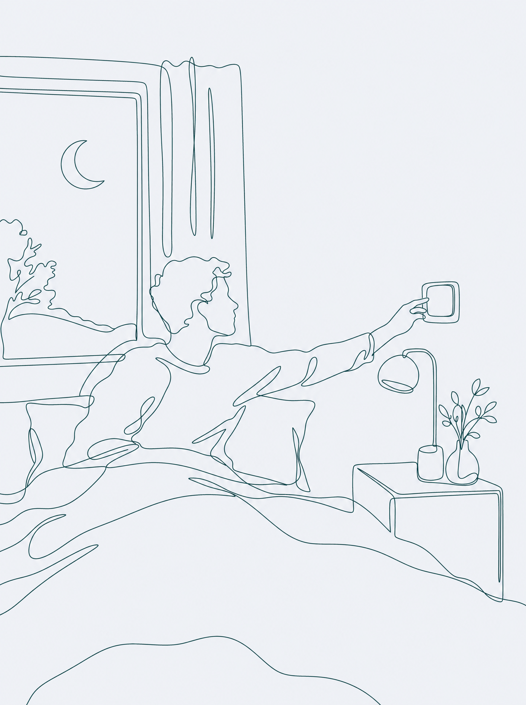 Fine line illustration of a person adjusting a thermostat at night beside a moonlit window