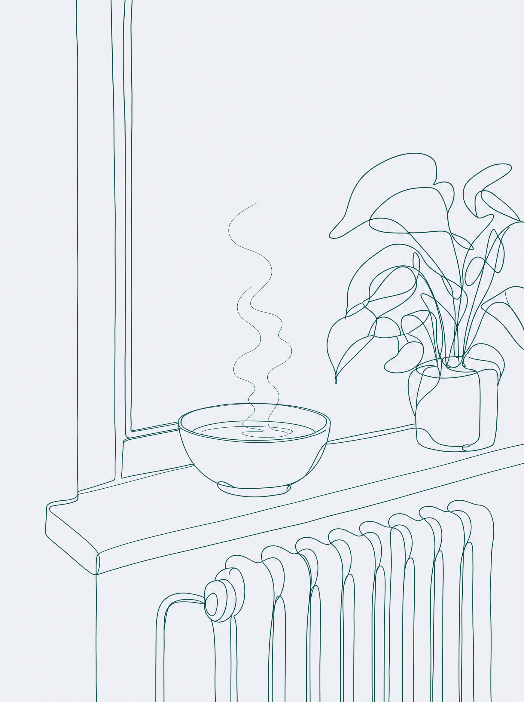 Fine line illustration of a bowl of water beside a radiator with a houseplant nearby