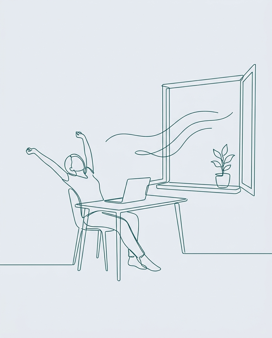 Fine line illustration of a person stretching with a deep breath at their desk beside an open window