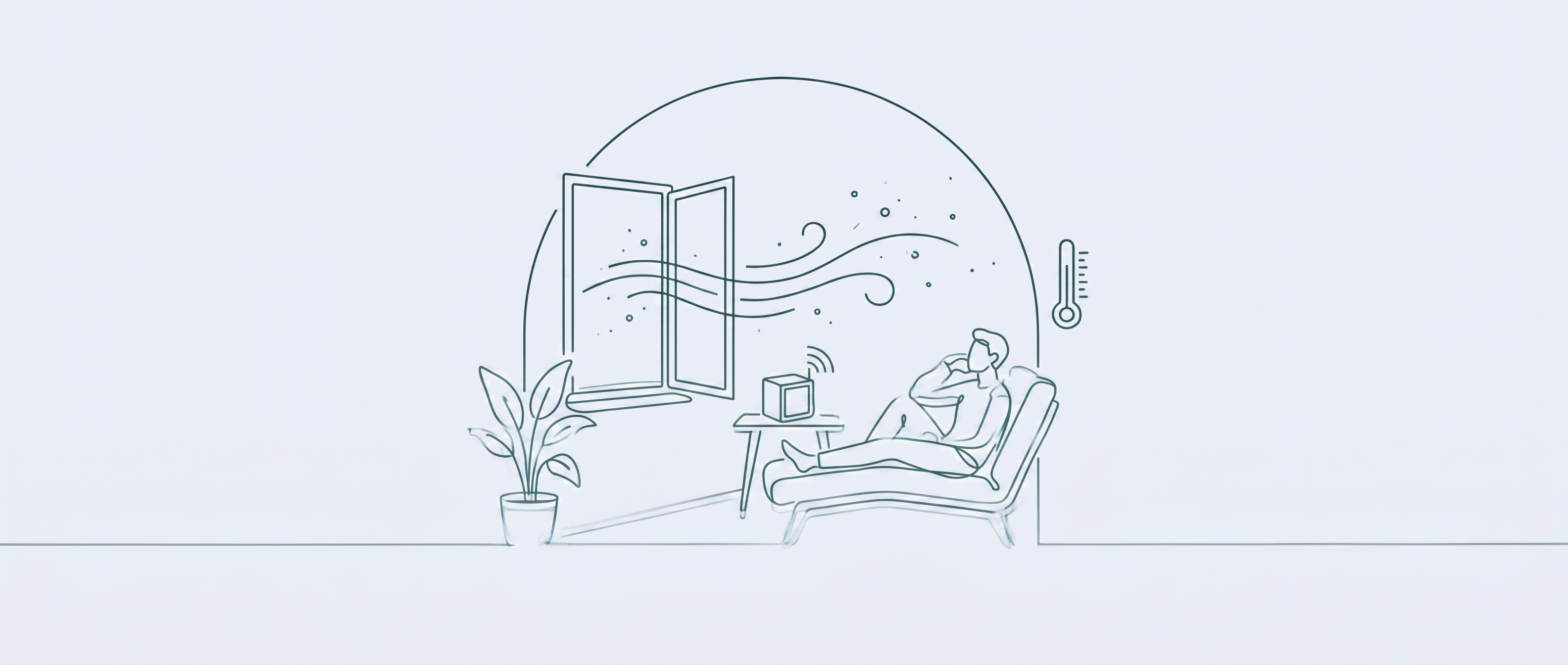 Fine line illustration of a living room with an open window, a person relaxing near an air quality monitor, and a plant