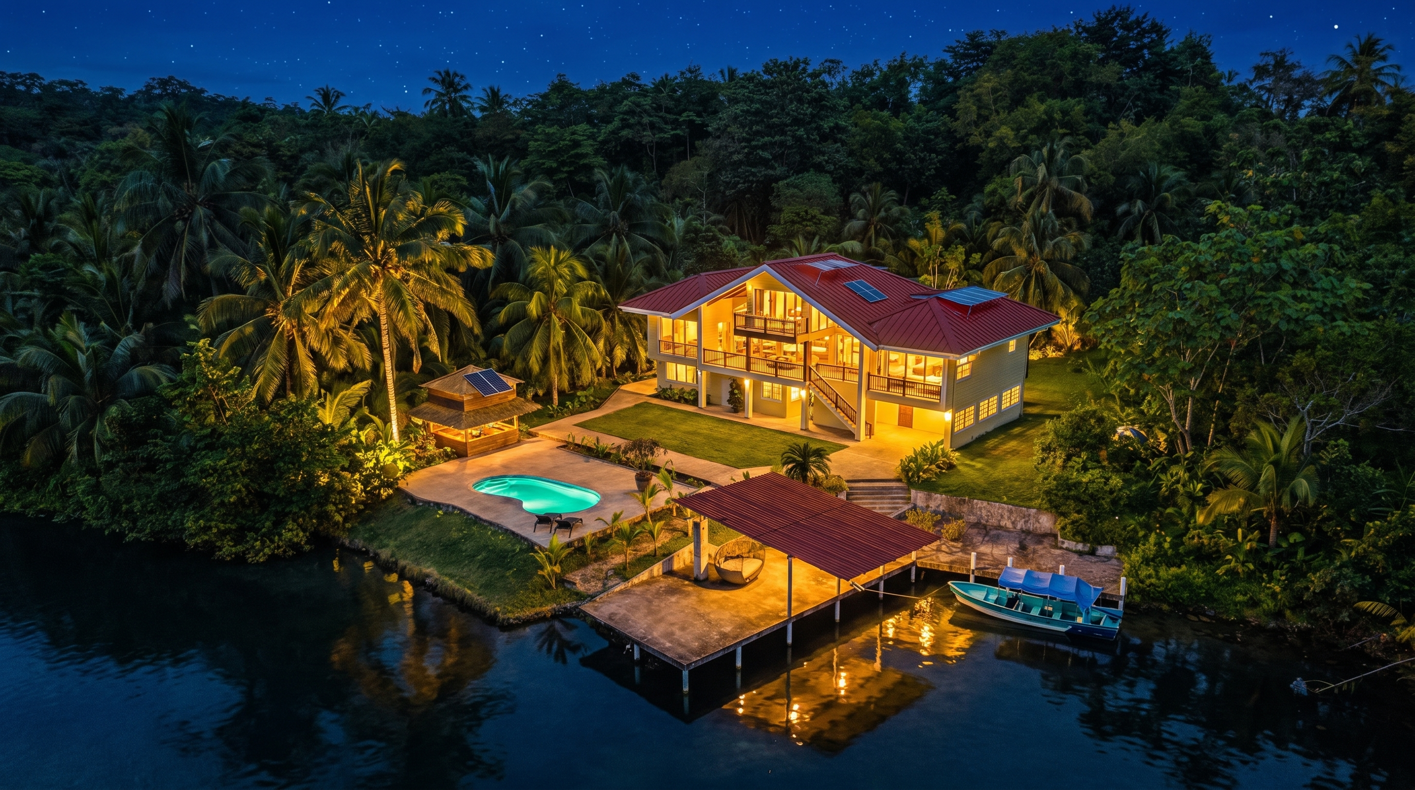 The villa with every light on, reflected across the canal