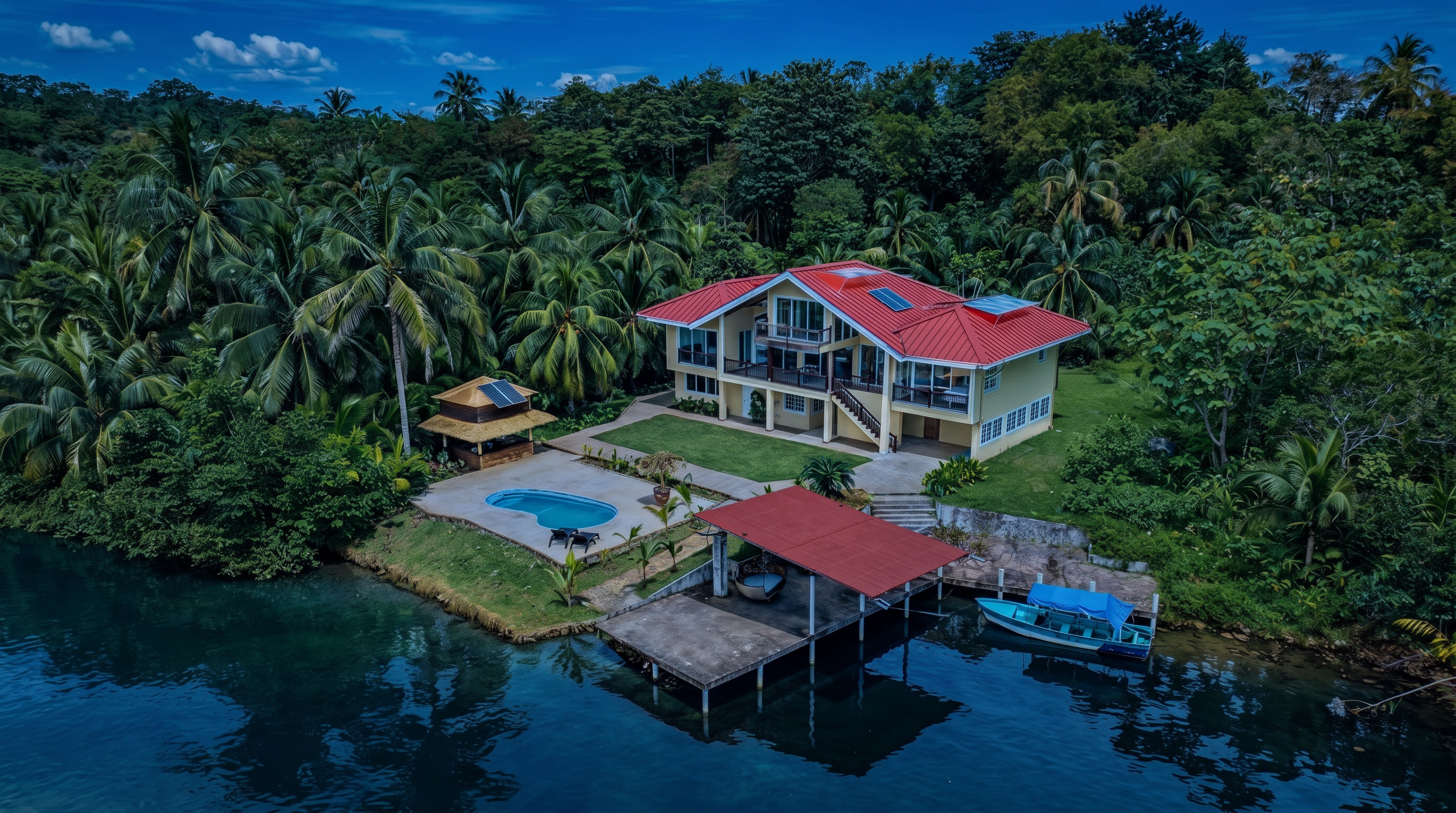 Coconut Coast Villa at night, seen from the water