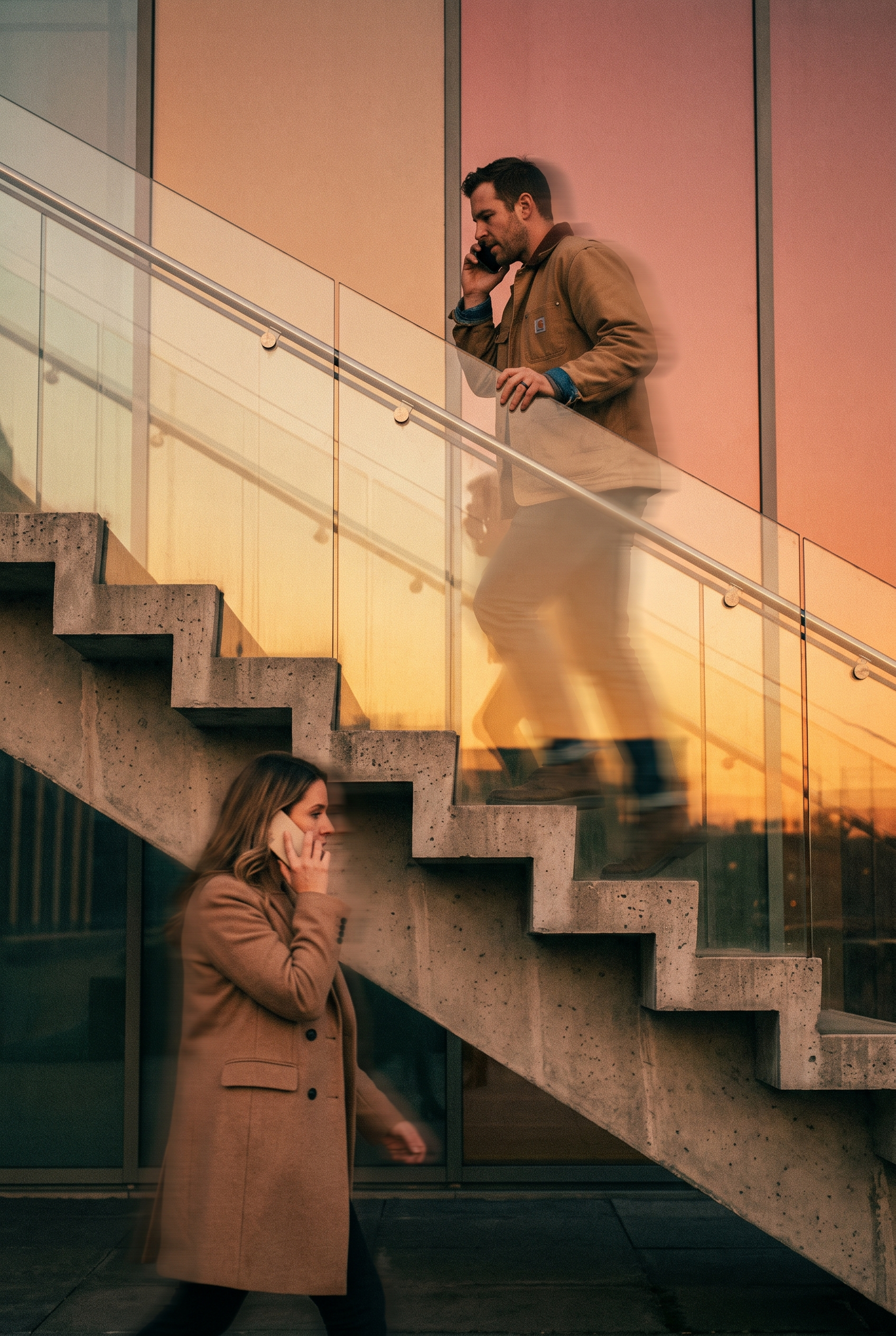 Business owner and customer crossing paths, both in motion