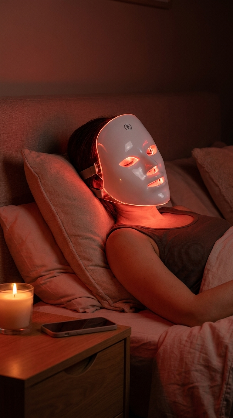 Woman wearing the LUMÉRA LED mask glowing warm red