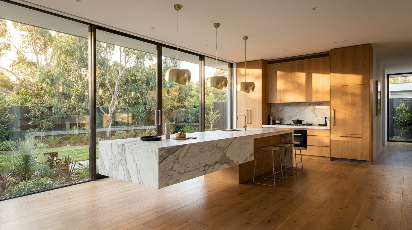 Ultra-luxurious modern Australian kitchen, wide overview with Calacatta marble island and warm oak cabinetry