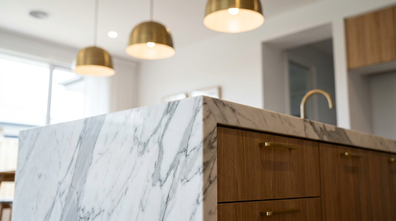 Close-up of the kitchen island, marble waterfall benchtop and brushed brass pendant lights