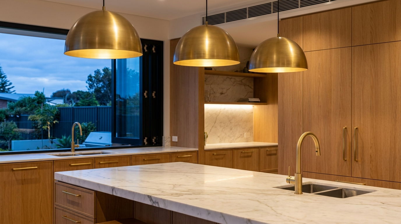 Pendant lighting glowing warm above the benchtop in the evening