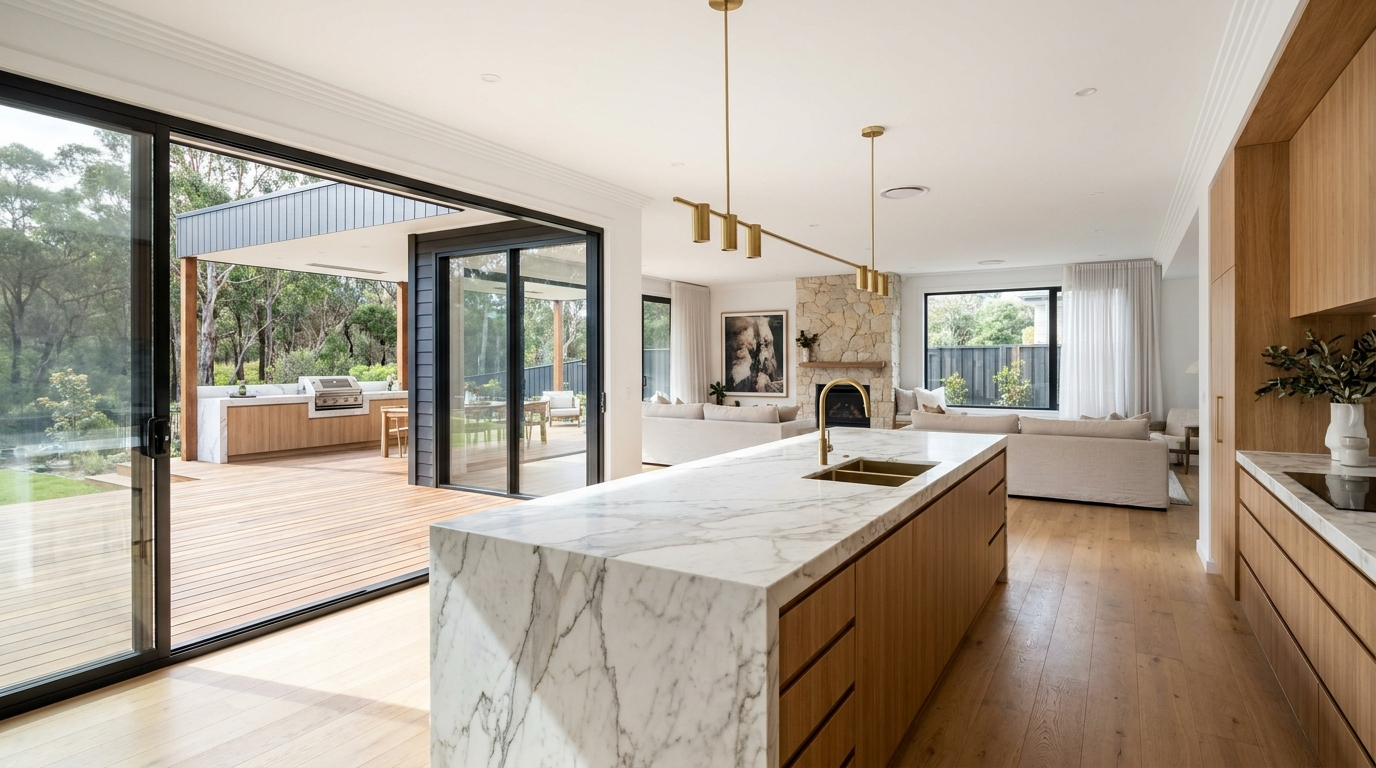 Finished kitchen and open-plan living space opening to an outdoor deck