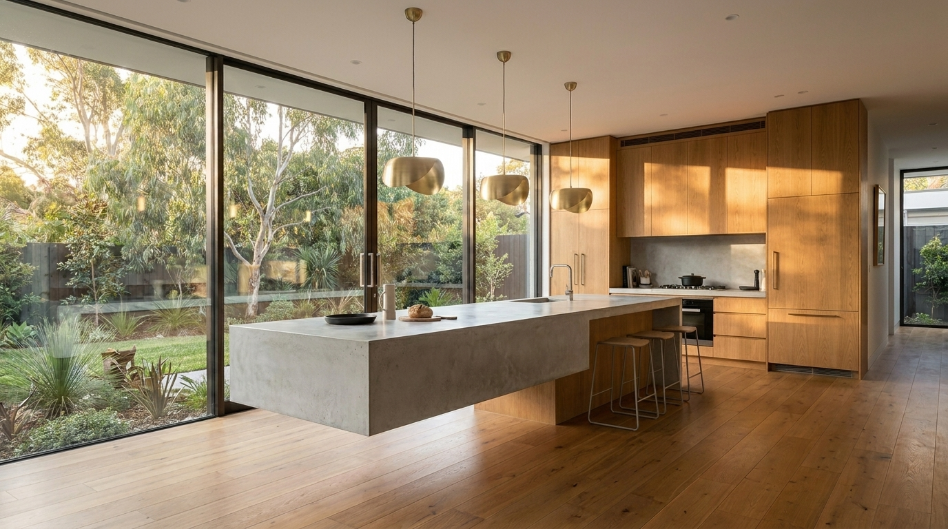 Kitchen with Warm Oak cabinetry and Concrete benchtop