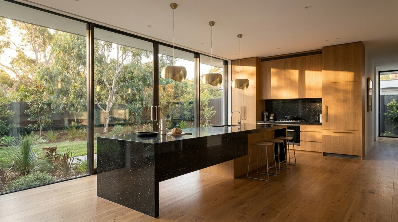 Kitchen with Warm Oak cabinetry and Granite benchtop