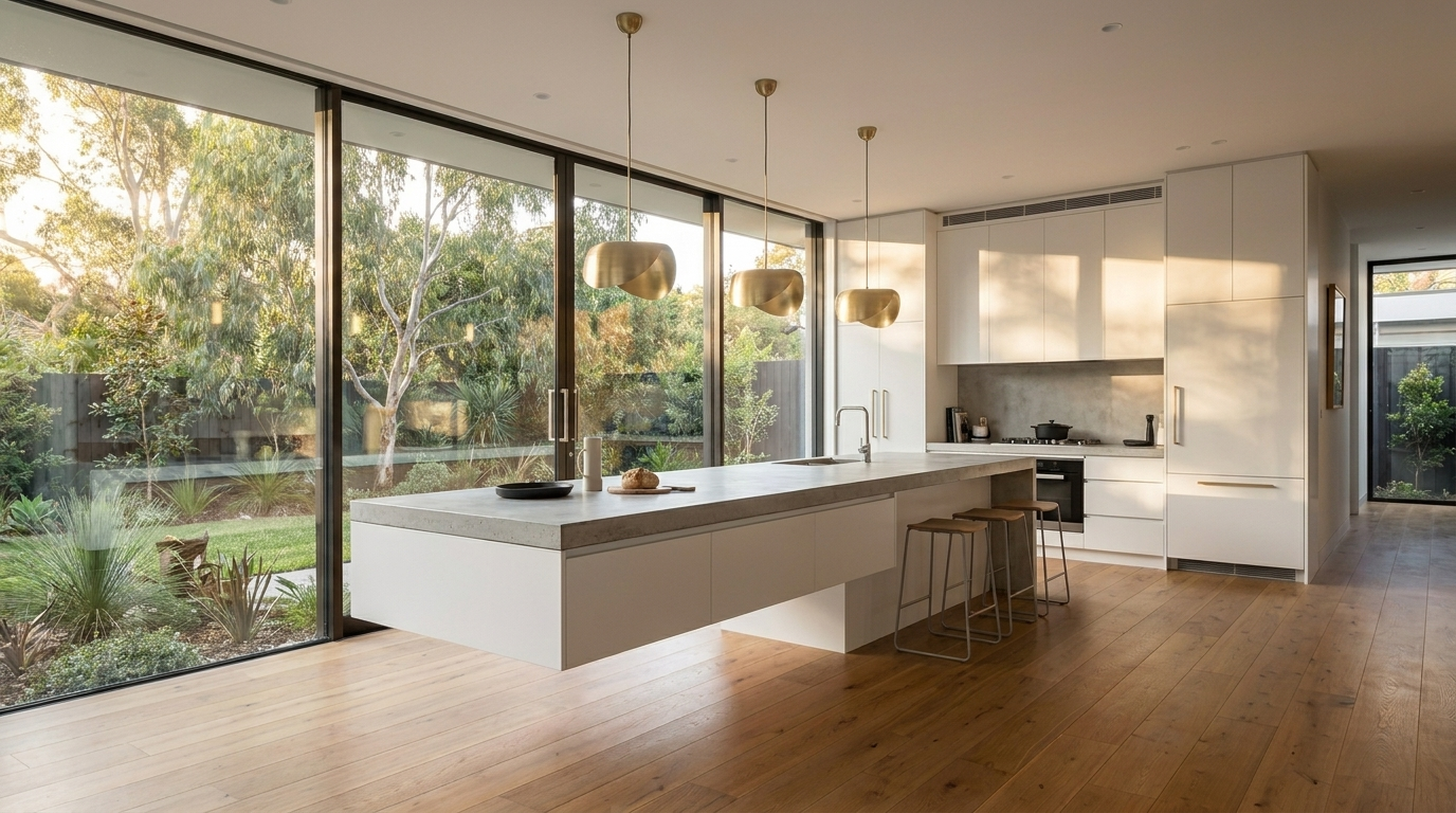 Kitchen with Matte White cabinetry and Concrete benchtop
