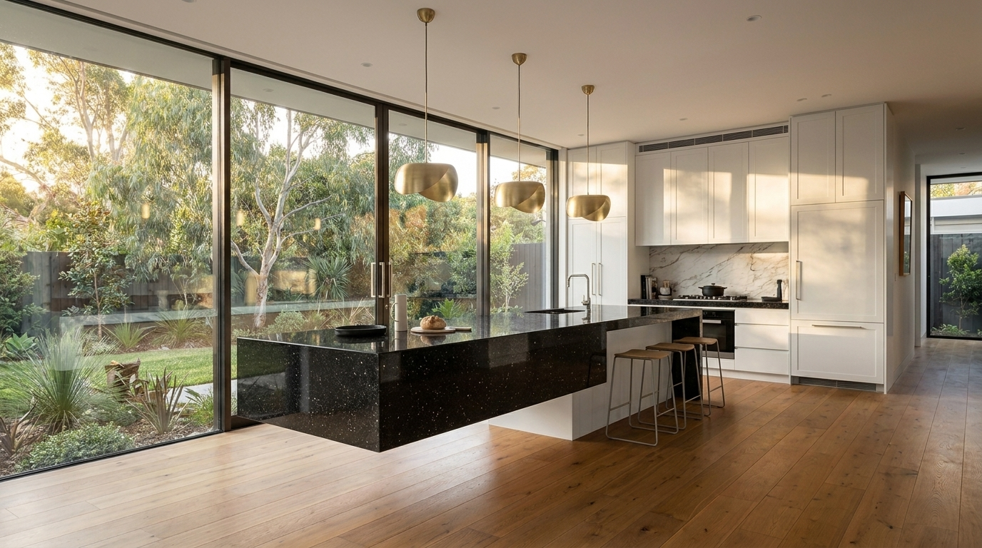 Kitchen with Matte White cabinetry and Granite benchtop