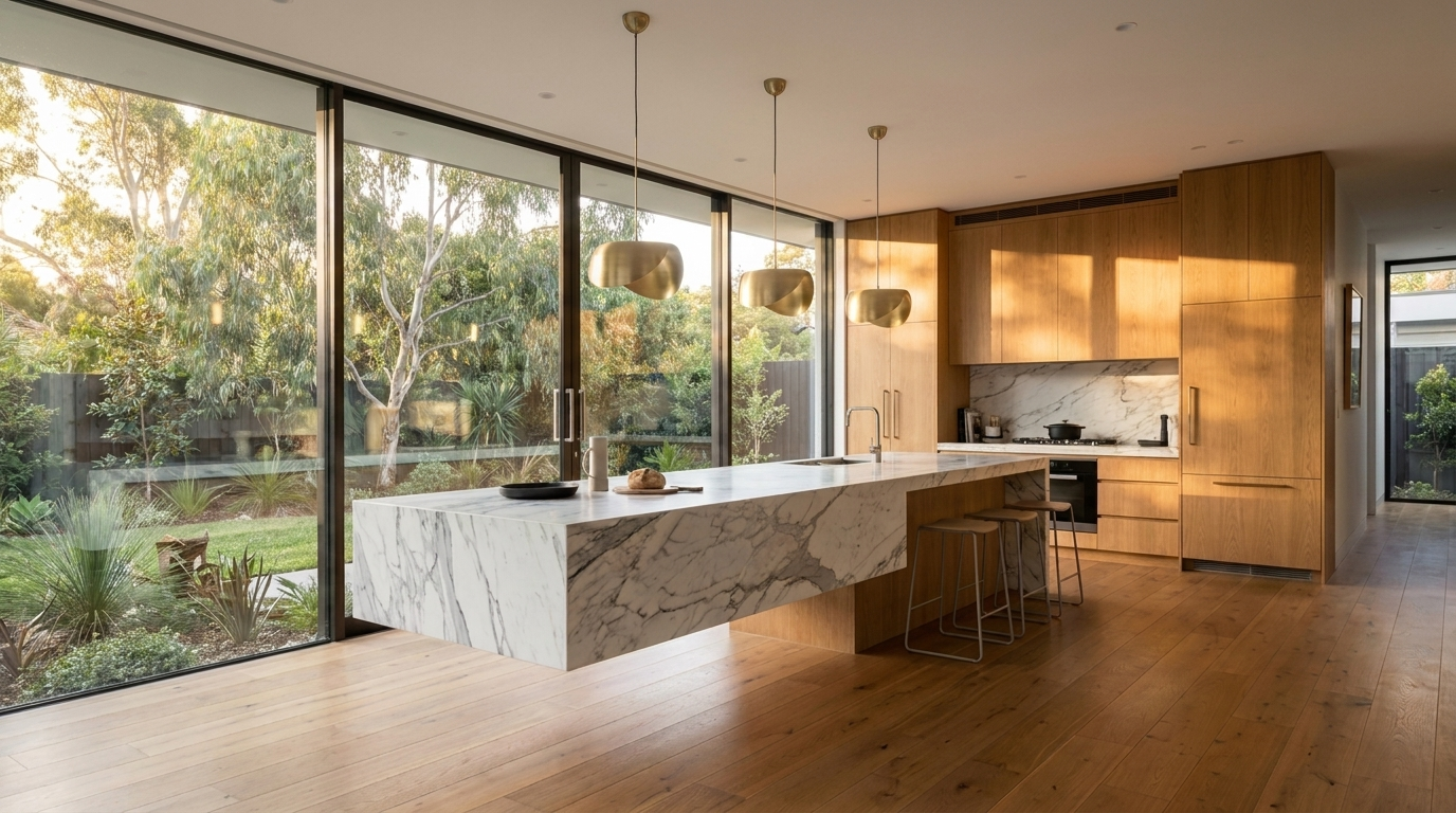 Kitchen with Warm Oak cabinetry and Calacatta Vega benchtop