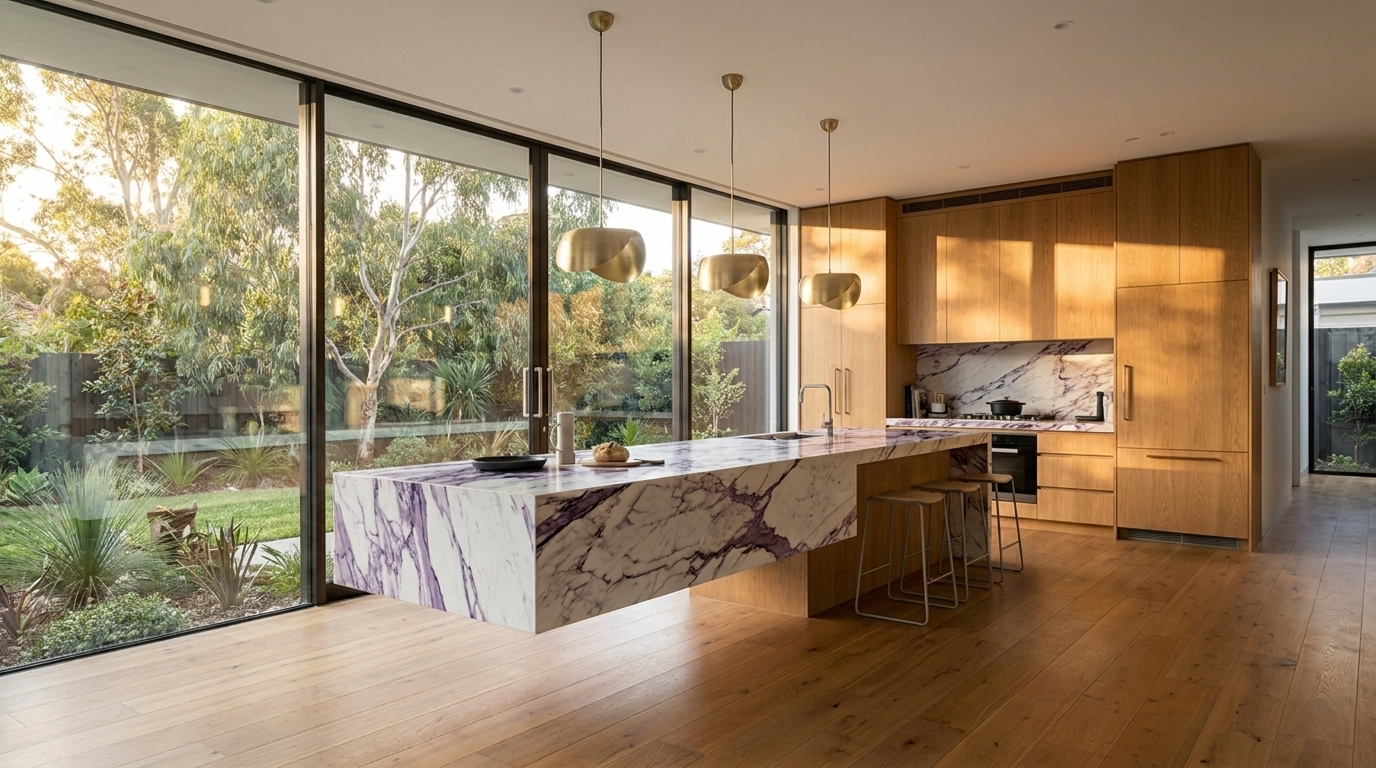 Kitchen with Warm Oak cabinetry and Calacatta Viola benchtop