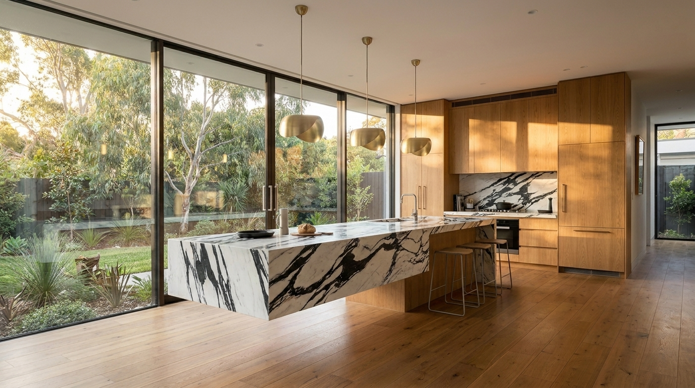 Kitchen with Warm Oak cabinetry and Monte Nero benchtop