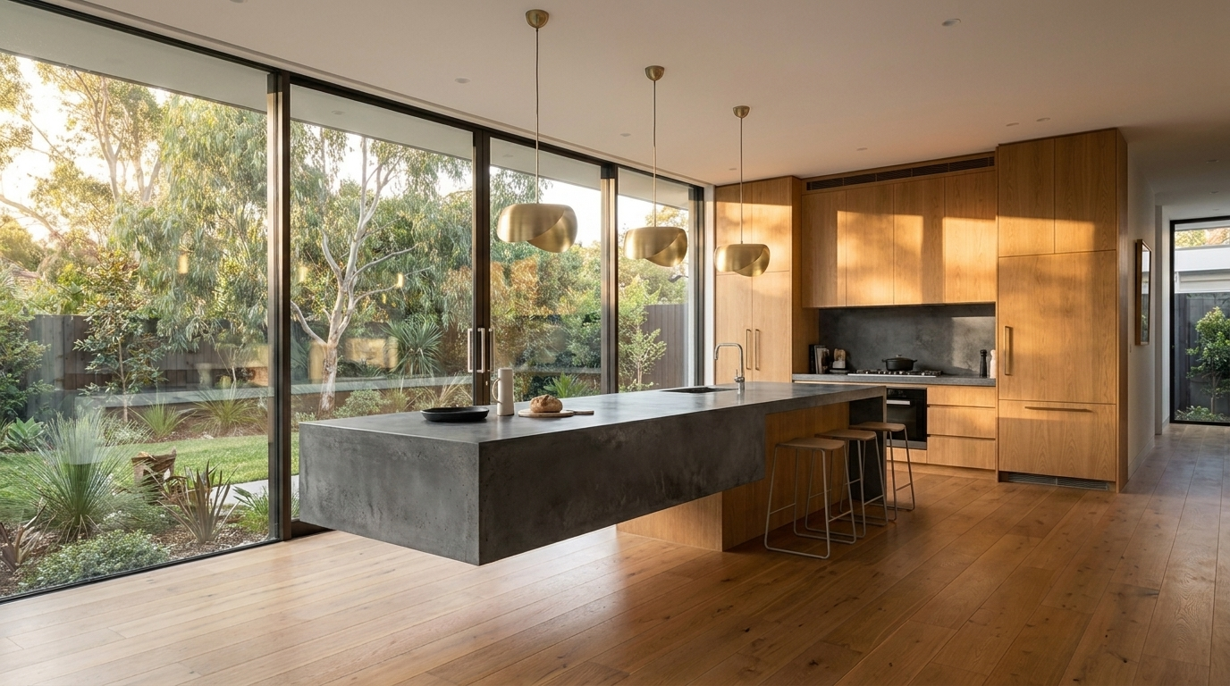 Kitchen with Warm Oak cabinetry and Concrete Dark benchtop