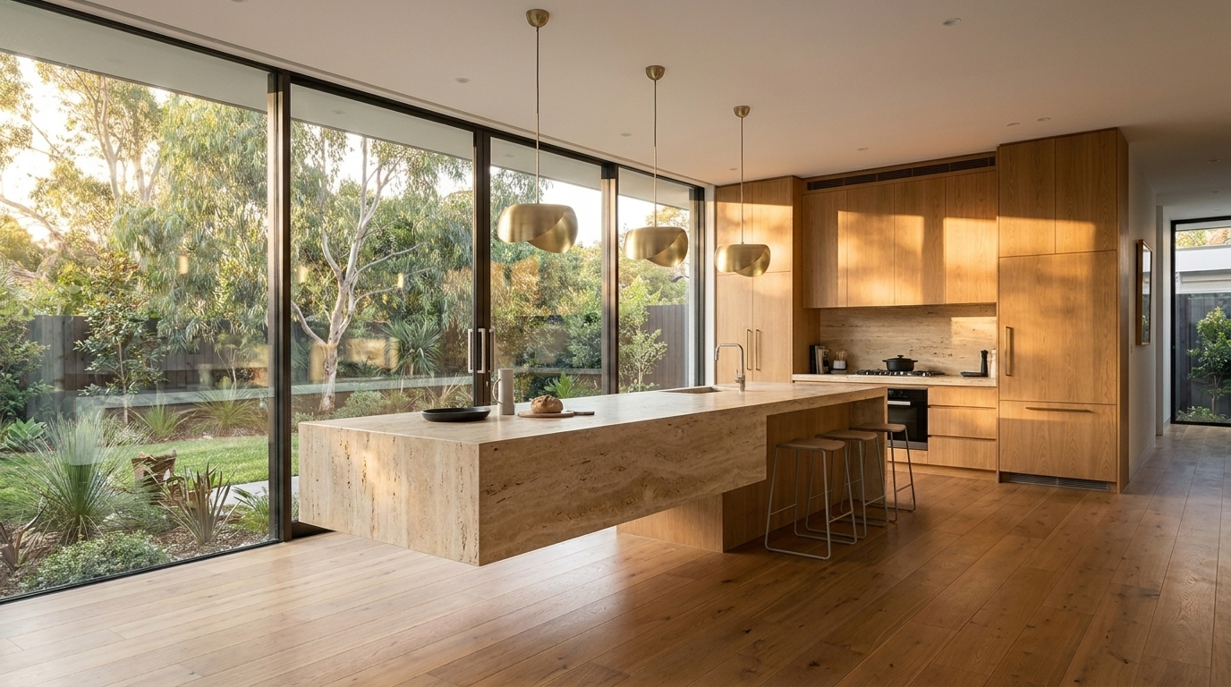 Kitchen with Warm Oak cabinetry and Travertine benchtop