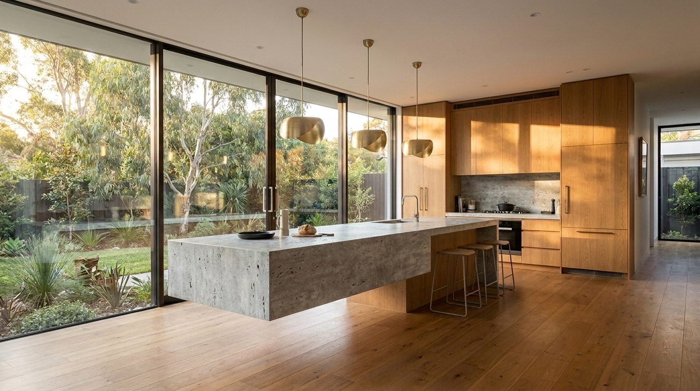 Kitchen with Warm Oak cabinetry and Silver Travertine benchtop
