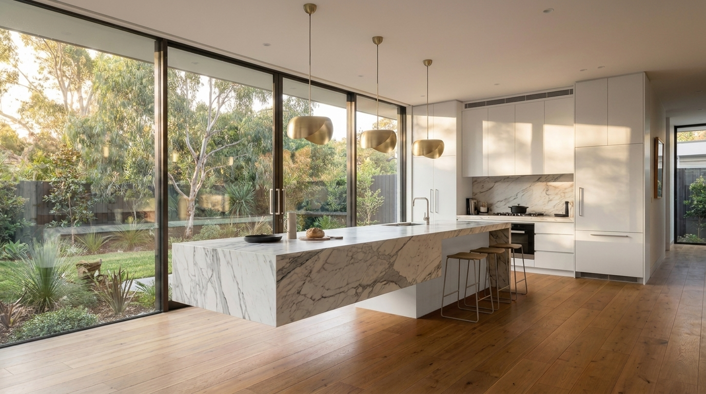 Kitchen with Matte White cabinetry and Calacatta Vega benchtop