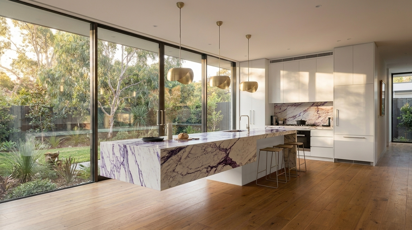 Kitchen with Matte White cabinetry and Calacatta Viola benchtop